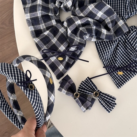 Accessorio per Capelli con Fiocco Gingham Blu Marino Elastico Cerchietto Molletta in Tessuto Fatto a Mano Stile Dolce Donna