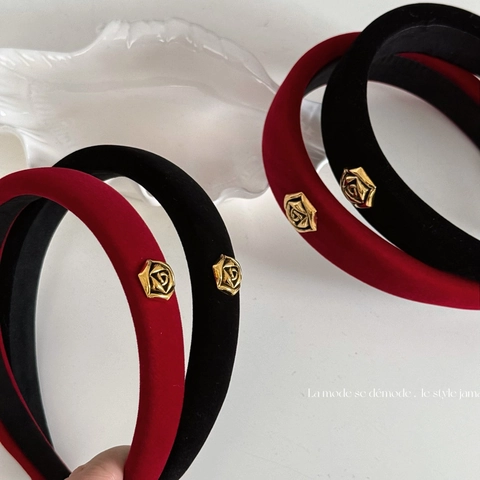 Cerchietto in Velluto Vintage Francese per Donna Decorazione Rosa in Metallo Dorato Elegante Fascia Imbottita Rossa Nera Accessori per Capelli
