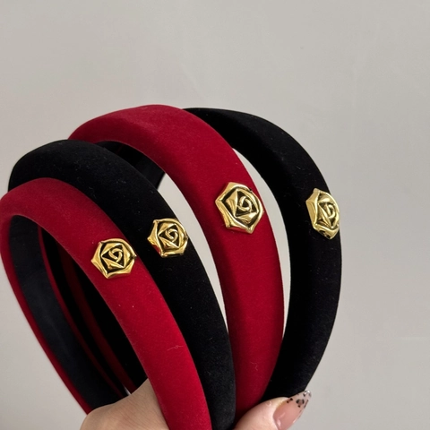 Cerchietto in Velluto Vintage Francese per Donna Decorazione Rosa in Metallo Dorato Elegante Fascia Imbottita Rossa Nera Accessori per Capelli