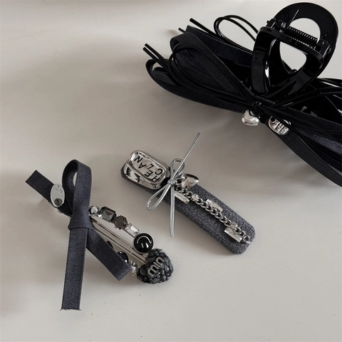 Grey Suit Fabric Bow Hair Clip For Women Fashion Elegant Rhinestone Heart Charm Hair Claw Clip Duckbill Clip Hair Accessories