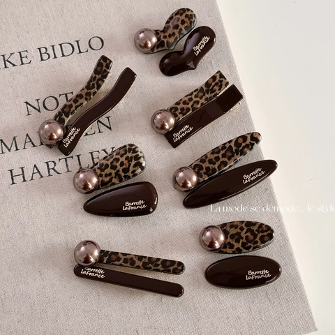 Clip per Capelli Vintage Francese con Stampa Leopardata e Perle Artificiali Clip a Becco d'Anatra in Lega e Acrilico Donna