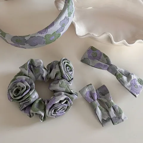 Vintage Monet Bloemen Stof Haaraccessoires Paarse Roos Scrunchie Strikclips Brede Hoofdband Dames Franse Pastorale Stijl