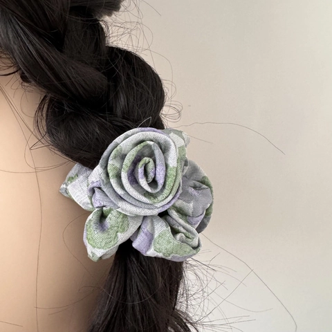 Vintage Monet Bloemen Stof Haaraccessoires Paarse Roos Scrunchie Strikclips Brede Hoofdband Dames Franse Pastorale Stijl