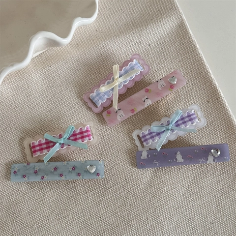 Süße Schleife Haarspangen Karo Blumen Katze Druck Harz Stoff Seitenclips Für Mädchen Damen Täglich Haarschmuck