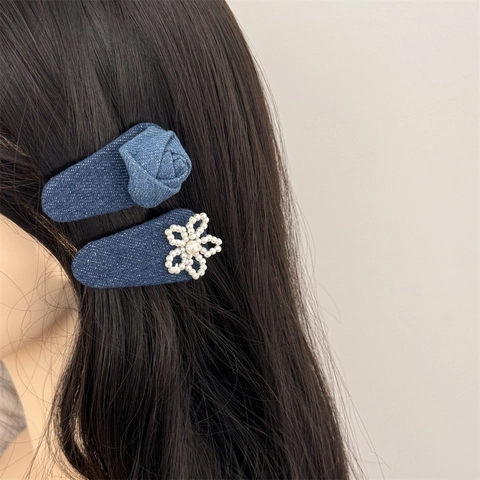 Pinzas para el Cabello de Flor de Rosa de Mezclilla Hechas a Mano para Mujer Perla Artificial Lazo Accesorios Retro