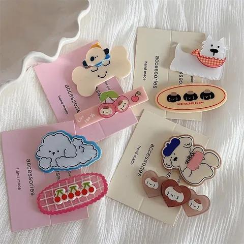 Mollette per Capelli a Forma di Cucciolo di Cartone Animato Cuore Ciliegia Resina Tessuto Accessori per Capelli Donna Bambini