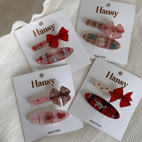 Plaid Bow Animal Hair Clips Acrylic Resin Sweet Duckbill Clips Plaid Dog Bear Hair Pins For Girls Women Daily Hair Decoration