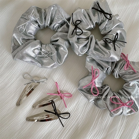 Metallic Silver Metallic Fabric Scrunchie And Bowknot Hair Clip Hair Accessories For Women Y2K Balletcore Hair Ties Headwear