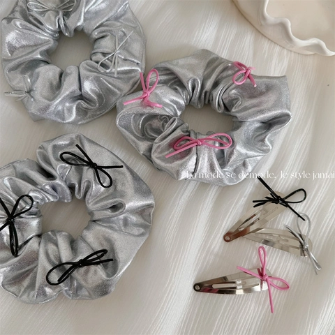 Metallic Silver Metallic Fabric Scrunchie And Bowknot Hair Clip Hair Accessories For Women Y2K Balletcore Hair Ties Headwear