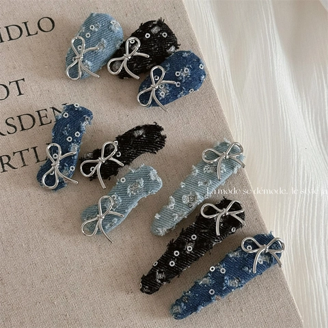 Vintage Denim Schleife Haarspangen Damen Cool Sweet Y2K Stil Pailletten Stoff Haarnadeln Handgefertigt Fransen Seitenclips