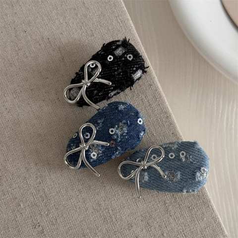 Vintage Denim Schleife Haarspangen Damen Cool Sweet Y2K Stil Pailletten Stoff Haarnadeln Handgefertigt Fransen Seitenclips