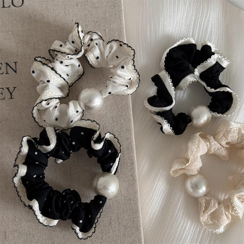 Coletero de Tela Vintage Francés Con Perla Artificial Elegante Borde de Encaje Lunares Gomas de Pelo Elásticas Mujer
