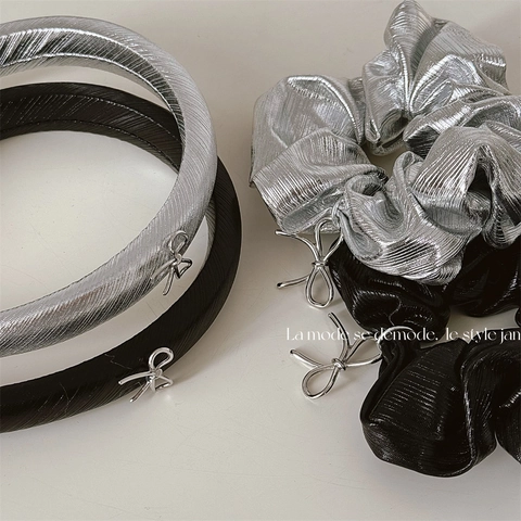 Koreanischer Stil Metallischer Stoff Schleife Haarschmuck Für Damen Kunstleder Stirnband Und Plissiertes Haargummi Haarband