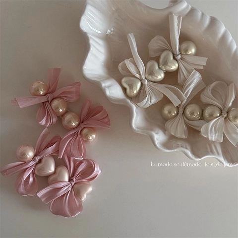 Handmade Korean Satin Bow Artificial Pearl Hair Clip For Women Girly Heart Round Duckbill Side Clip Wedding Party Hair Accessories