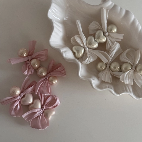 Handmade Korean Satin Bow Artificial Pearl Hair Clip For Women Girly Heart Round Duckbill Side Clip Wedding Party Hair Accessories