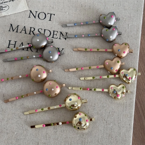 French Vintage Metal Hair Clip Colorful Polka Dot Heart Round Drip Glaze Bobby Pin For Women Korean Style Hair Accessories