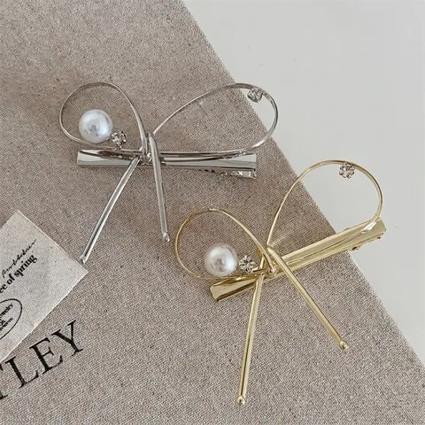 Elegante Fermaglio per Capelli a Fiocco in Metallo Con Perla Artificiale e Strass per Donna Stile Coreano Accessori per Capelli