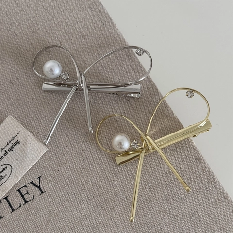 Elegante Fermaglio per Capelli a Fiocco in Metallo Con Perla Artificiale e Strass per Donna Stile Coreano Accessori per Capelli