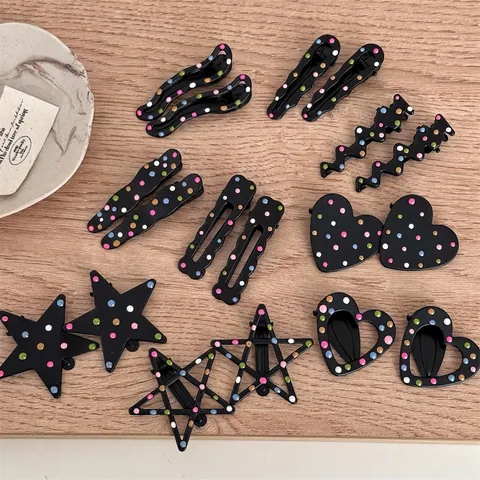 Korean Style Black Hair Clips With Colorful Polka Dots Alloy Heart Star Shape Bangs Clips For Women Girls Hair Accessories