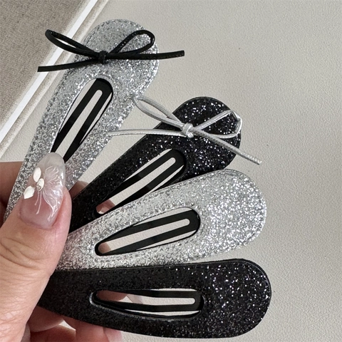 Fermagli per Capelli a Scatto Glitterati per Donna Elegante Fiocco BB Forcina Minimalista Argento Nero Clip Laterali Accessori Moda Capelli