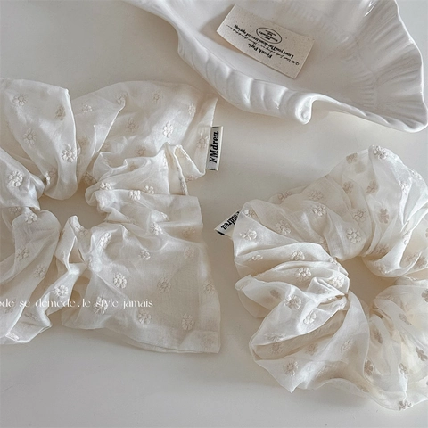 Elegante Scrunchie Francese Bianco Crema Con Ricamo Margherita Donna Stile Coreano Elastico per Capelli in Organza Accessorio Capelli