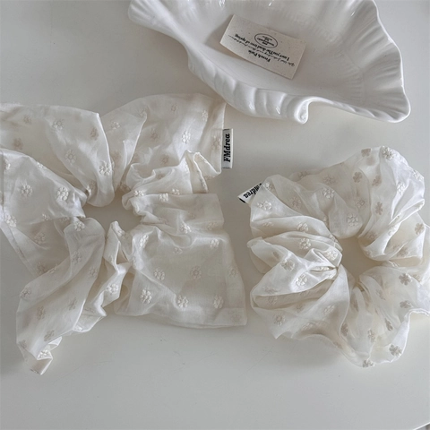 Elegante Scrunchie Francese Bianco Crema Con Ricamo Margherita Donna Stile Coreano Elastico per Capelli in Organza Accessorio Capelli