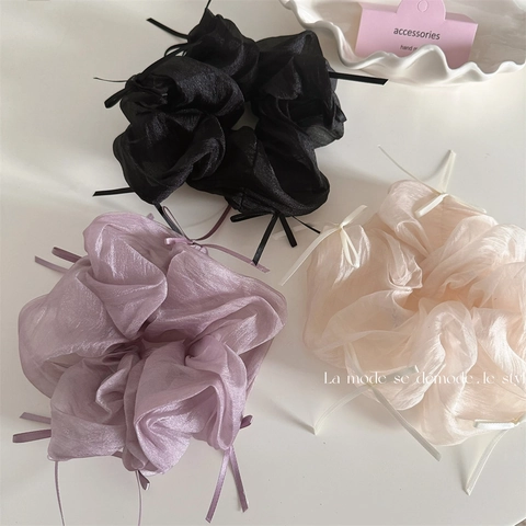 Chouchous Style Ballet Français avec Nœud en Ruban Grands Chouchous en Organza Maille Doux Porte Queue de Cheval Accessoires Femme