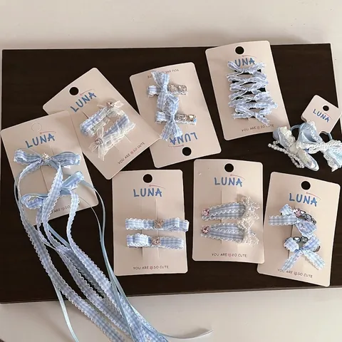 Set di Fermagli per Capelli con Fiocco Gingham Blu per Donna Freschi Dolci Forcine a Quadretti con Decorazione in Strass Cuore Perle Artificiali Accessori per Capelli