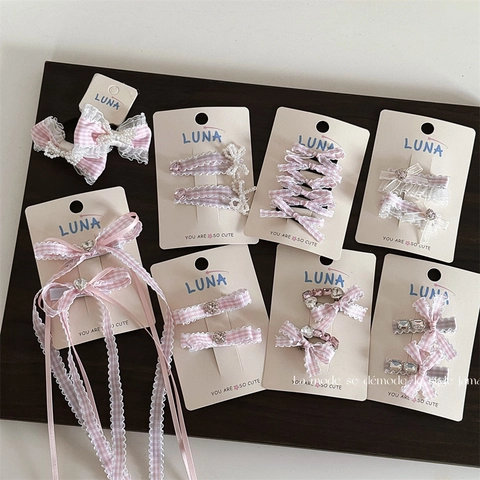 Dulce Pinza para el Cabello con Lazo de Tela a Cuadros Rosas Con Strass Encaje Perla Artificial Pasador Hecho a Mano