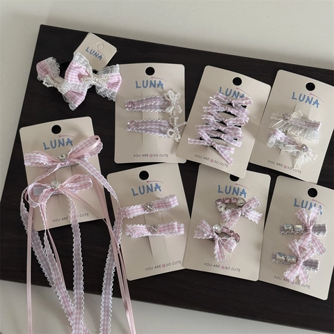 Dulce Pinza para el Cabello con Lazo de Tela a Cuadros Rosas Con Strass Encaje Perla Artificial Pasador Hecho a Mano