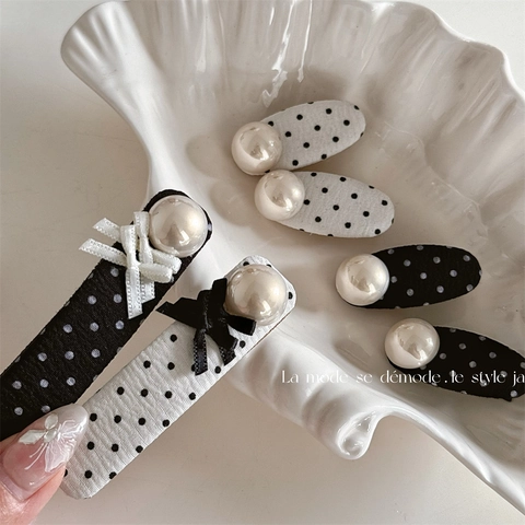 Fermaglio per Capelli Dolce con Fiocco a Pois e Perla Artificiale Fermaglio per Frangia Francese Vintage Elegante Fatto a Mano Donna