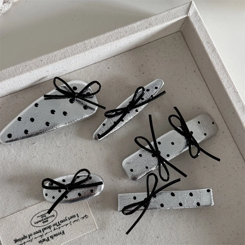 Silver Metallic PU Leather Polka Dot Bow Hair Clip Korean Sweet Butterfly Knot Side Clip For Women Hair Accessory