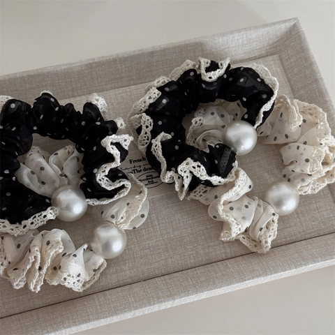 Scrunchies in Pizzo a Pois Stile Francese per Donna Con Perla Artificiale Rétro Elastici per Capelli in Chiffon Accessori per Capelli