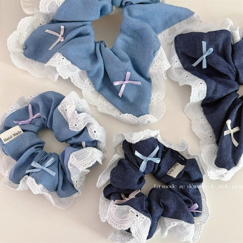 Korean Style Denim Bow Scrunchie With Lace Edge Sweet Denim Fabric Hair Tie Ponytail Holder For Women Girls Hair Accessories