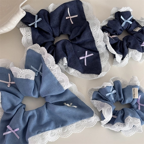 Korean Style Denim Bow Scrunchie With Lace Edge Sweet Denim Fabric Hair Tie Ponytail Holder For Women Girls Hair Accessories