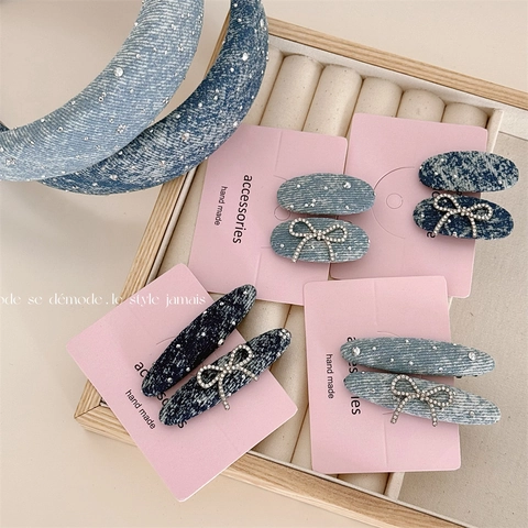 Serre-Tête Élégant en Denim avec Strass Barrettes à Cheveux Étoilées Étincelantes Nœud Papillon Accessoires de Cheveux Style Coréen Rétro
