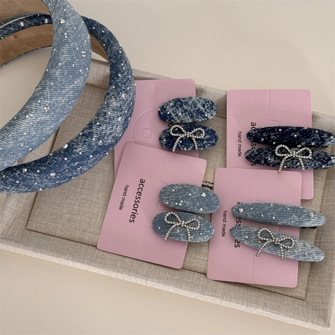 Serre-Tête Élégant en Denim avec Strass Barrettes à Cheveux Étoilées Étincelantes Nœud Papillon Accessoires de Cheveux Style Coréen Rétro