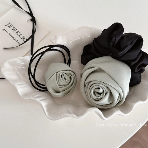 Mint Green Rose Floral Hair Scrunchie Elegant Fabric Rose Hair Tie For Women Girls Daily Dating Party Hair Accessories