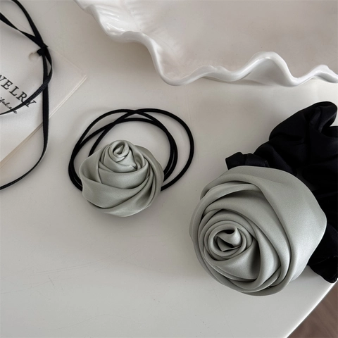 Mint Green Rose Floral Hair Scrunchie Elegant Fabric Rose Hair Tie For Women Girls Daily Dating Party Hair Accessories