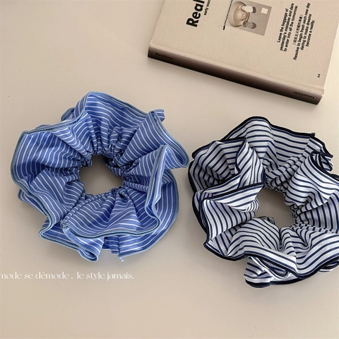 Grande Scrunchie in Tessuto a Righe Fatto a Mano Elastico per Capelli Plissettato Supporto per Coda di Cavallo Donna Accessorio per Capelli