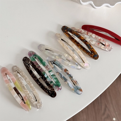 Fermaglio per Capelli Coreano Minimalista in Acetato Ovale Lungo Traforato Motivo Tartarugato Marmoreo Accessorio Donna