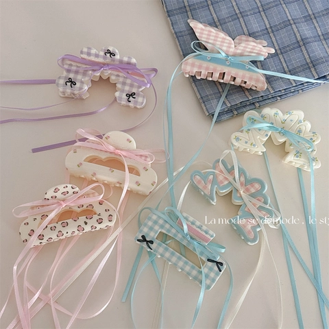 Pinza per Capelli Coreana con Fiocco in Raso a Quadretti Floreali e Stampa Leopardata in Resina Accessori per Acconciature Donna Ragazza