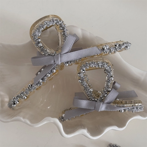 Eleganti Mollette per Capelli con Fiocco Donna Stile Coreano Resina Nastro Perle Argento Artigli per Capelli Dolce Accessori