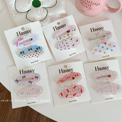 Lindo Juego de Pinces para el Pelo de Acrílico Forma de Nube para Mujeres Niñas Dulce Lunares Cuadros Cereza Lazo Accesorios