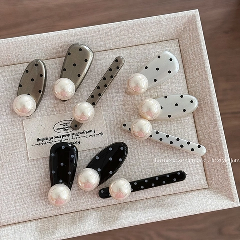 Vintage Polka Dot Pattern Plastic Hair Clip With Large Artificial Pearl Decorative Duckbill Side Clip Elegant Headwear For Women