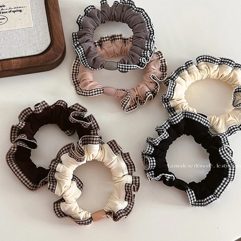 Vintage Houndstooth Geruite Stof Haarelastiekjes Retro Ruches Haarklemmen Voor Vrouwen Elegante Elastische Ponytail Houders Haaraccessoires