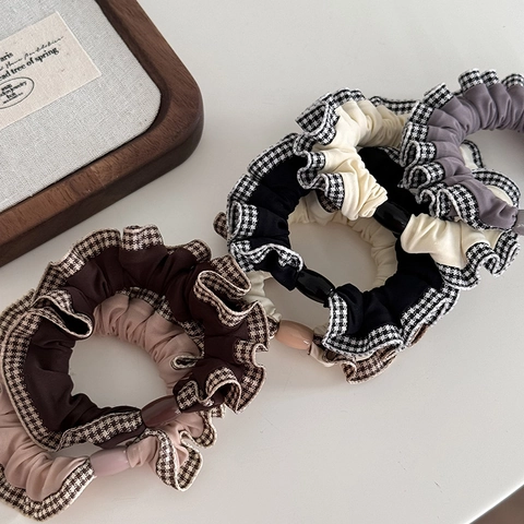 Vintage Houndstooth Geruite Stof Haarelastiekjes Retro Ruches Haarklemmen Voor Vrouwen Elegante Elastische Ponytail Houders Haaraccessoires