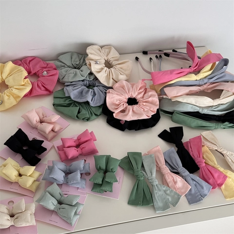 Korean Style Fabric Bow Hair Clips Scrunchies For Women Sweet Pleated Spring Clips Hair Claws Summer Solid Color Hair Accessories