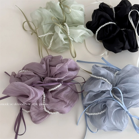 Elastico per Capelli in Stile Balletto Rétro Francese con Fiocco e Perle Artificiali Elegante Nastro per Capelli Donna