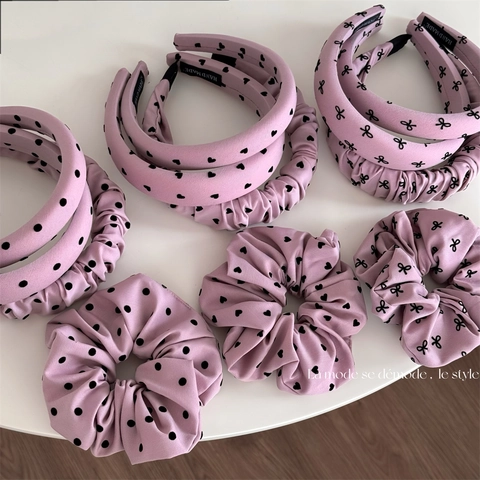Diadema de Esponja Rosa Dulce Coreana para Mujer High Crown Vintage Lazo Corazón Lunares Banda para Cabello Plisada Tela Coletero Set